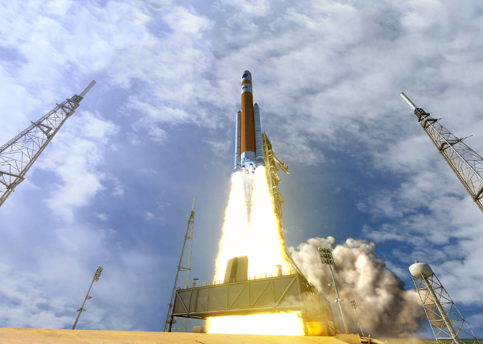This illustration depicts NASA’s Space Launch System (SLS) rocket in the Block 1B cargo configuration at launch.